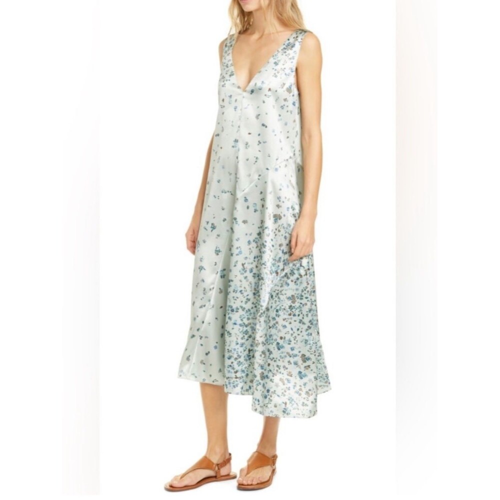 Vince Satin Floral Asymmetrical Shift Dress Scattered Floral Feminine Summer L